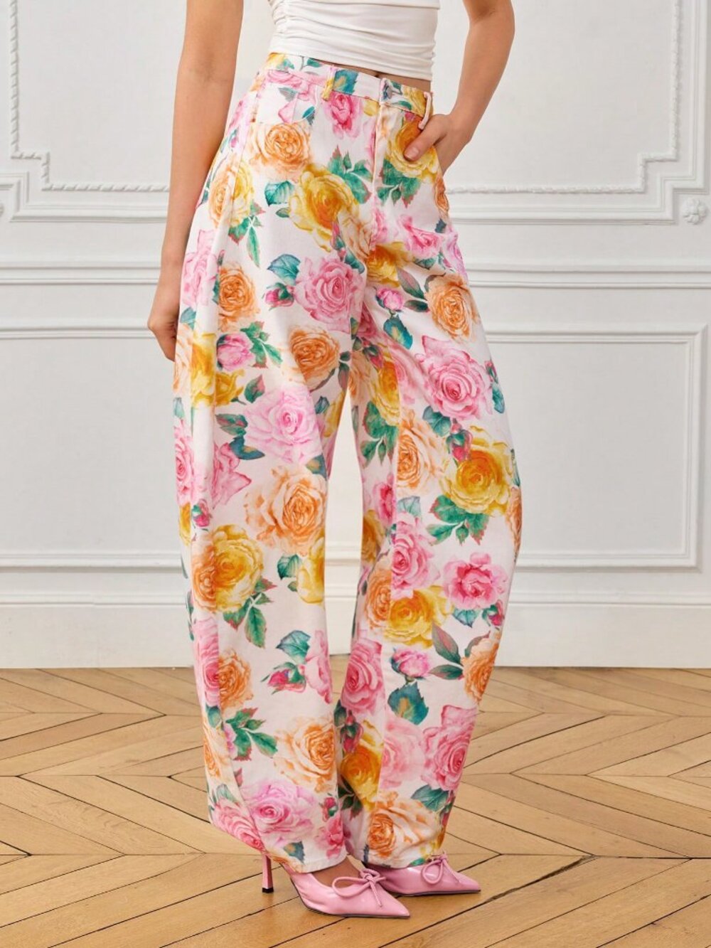 White Boho Women's / Watercolor Colorful Floral Denim Print Flared Pants - Picture 3 of 5